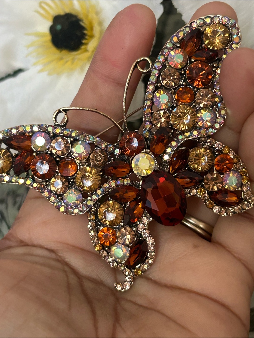 Crystal Butterfly Brooch in Amber and Gold